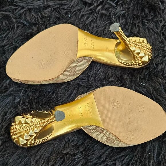 Gucci Women Heel Sandal GG Web Gold Tone Buttom Made Italy Size 34.5 - Picture 8 of 14